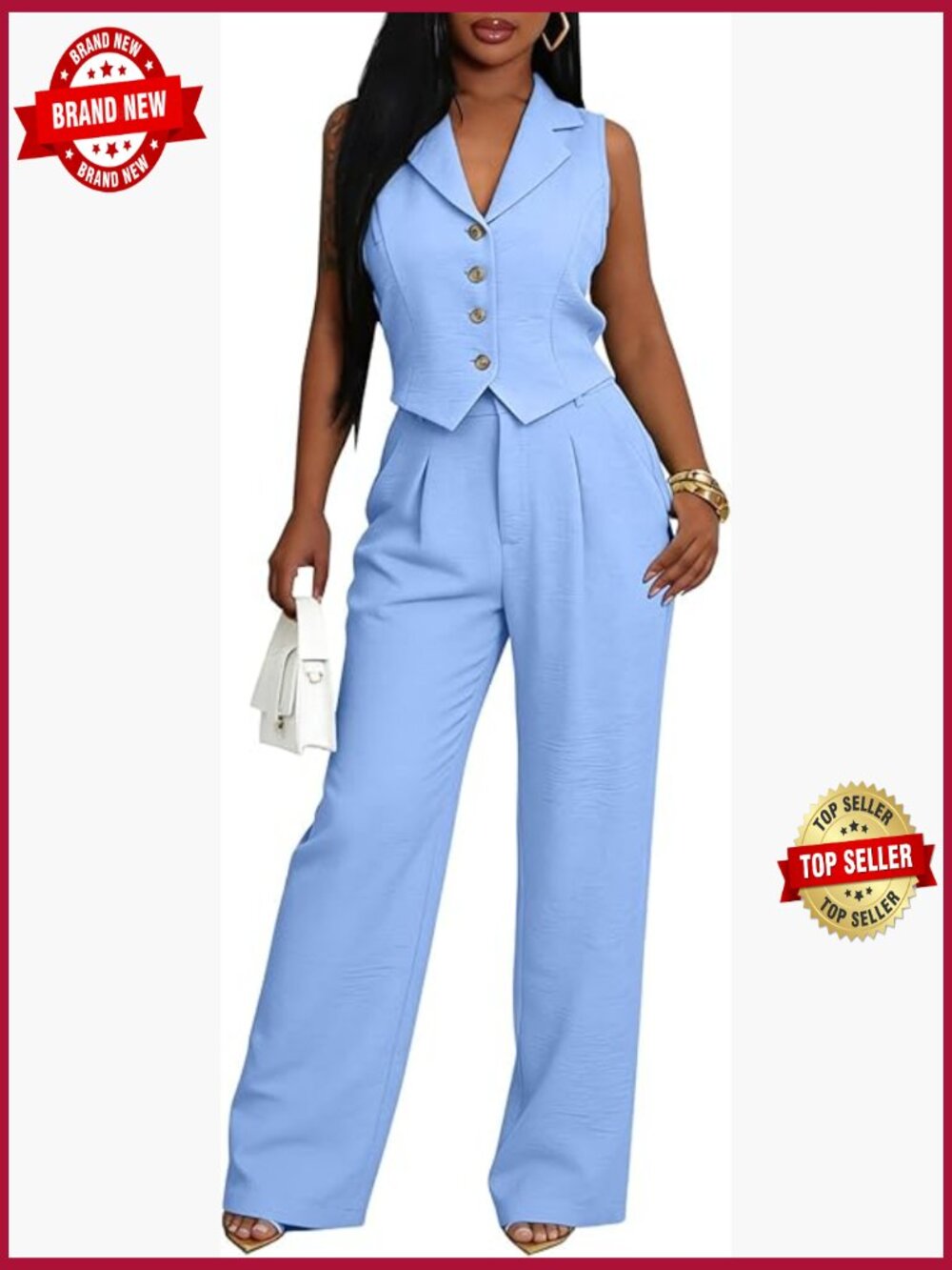 Two Piece Vest Blazer & Wide Leg Pants Set Sleeveless Business Casual Suit